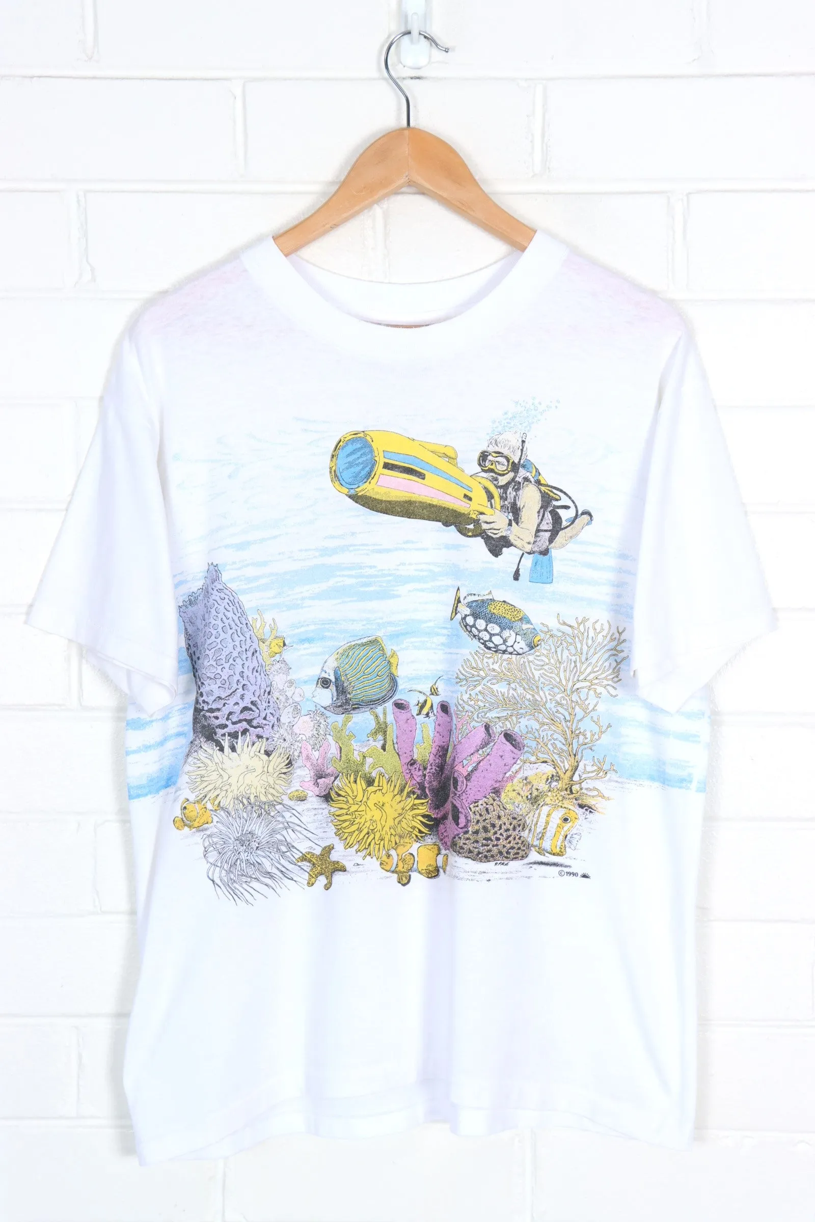 1990 Vintage Colourful Scubberdiving Underwater All Over Graphic Tee (L)