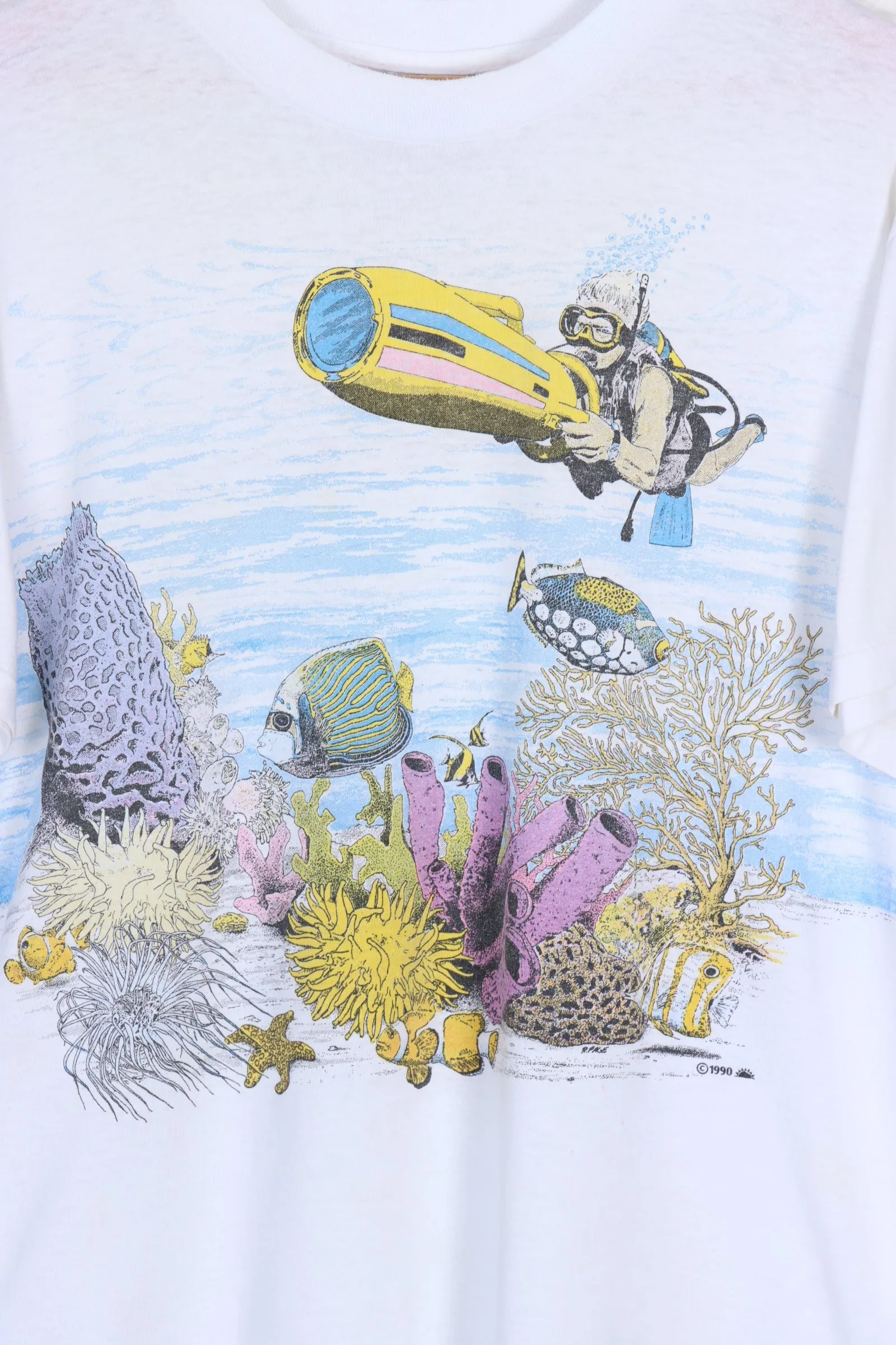 1990 Vintage Colourful Scubberdiving Underwater All Over Graphic Tee (L)