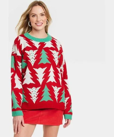 33 Degrees Women's Christmas Tree Print Oversized Festive Graphic Sweater