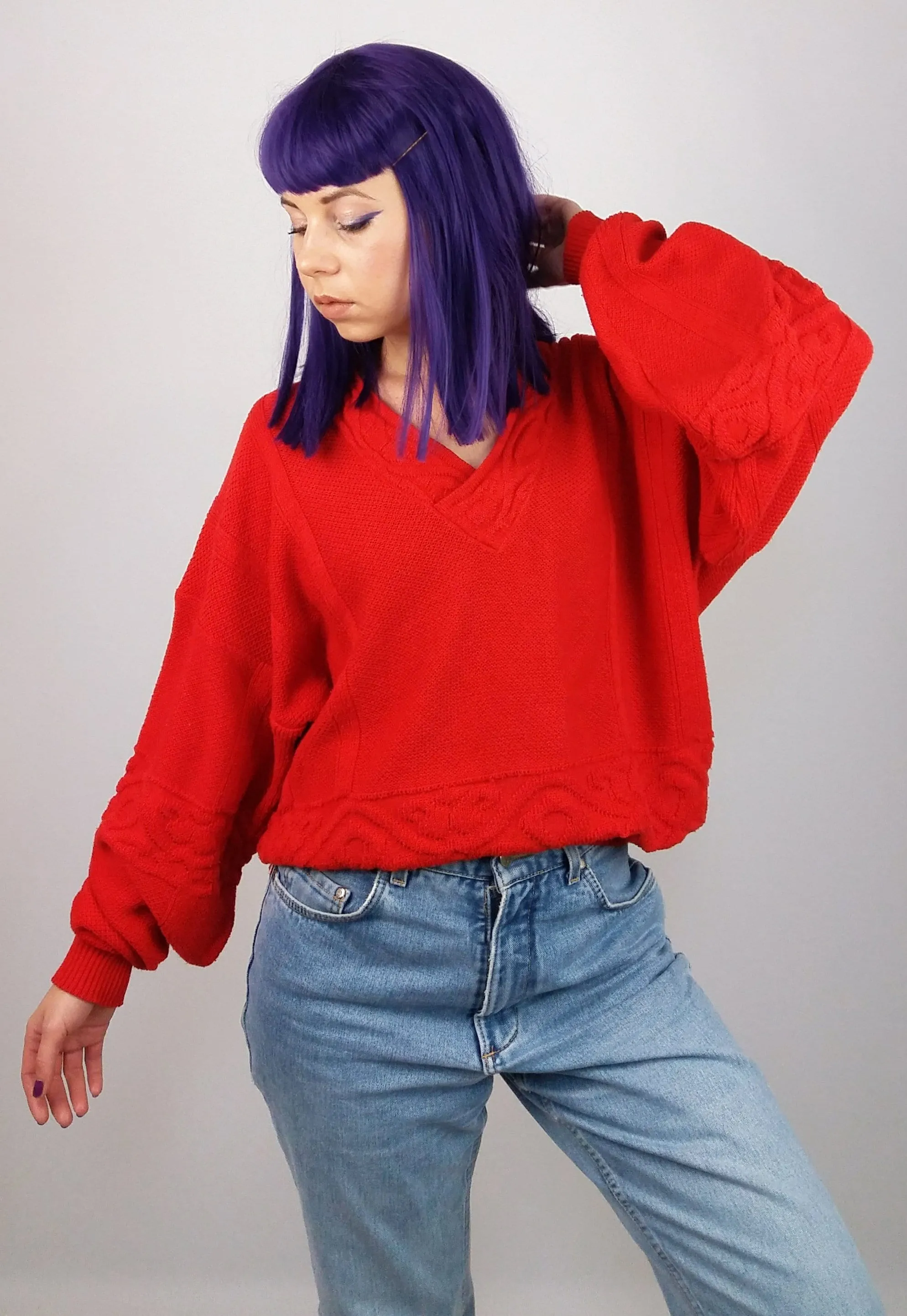 80's Retro V-neck Sweater Red