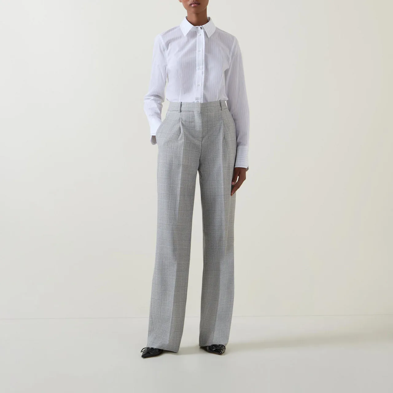 BOSS Tanity High-Rise Check Straight Leg Trousers - Grey