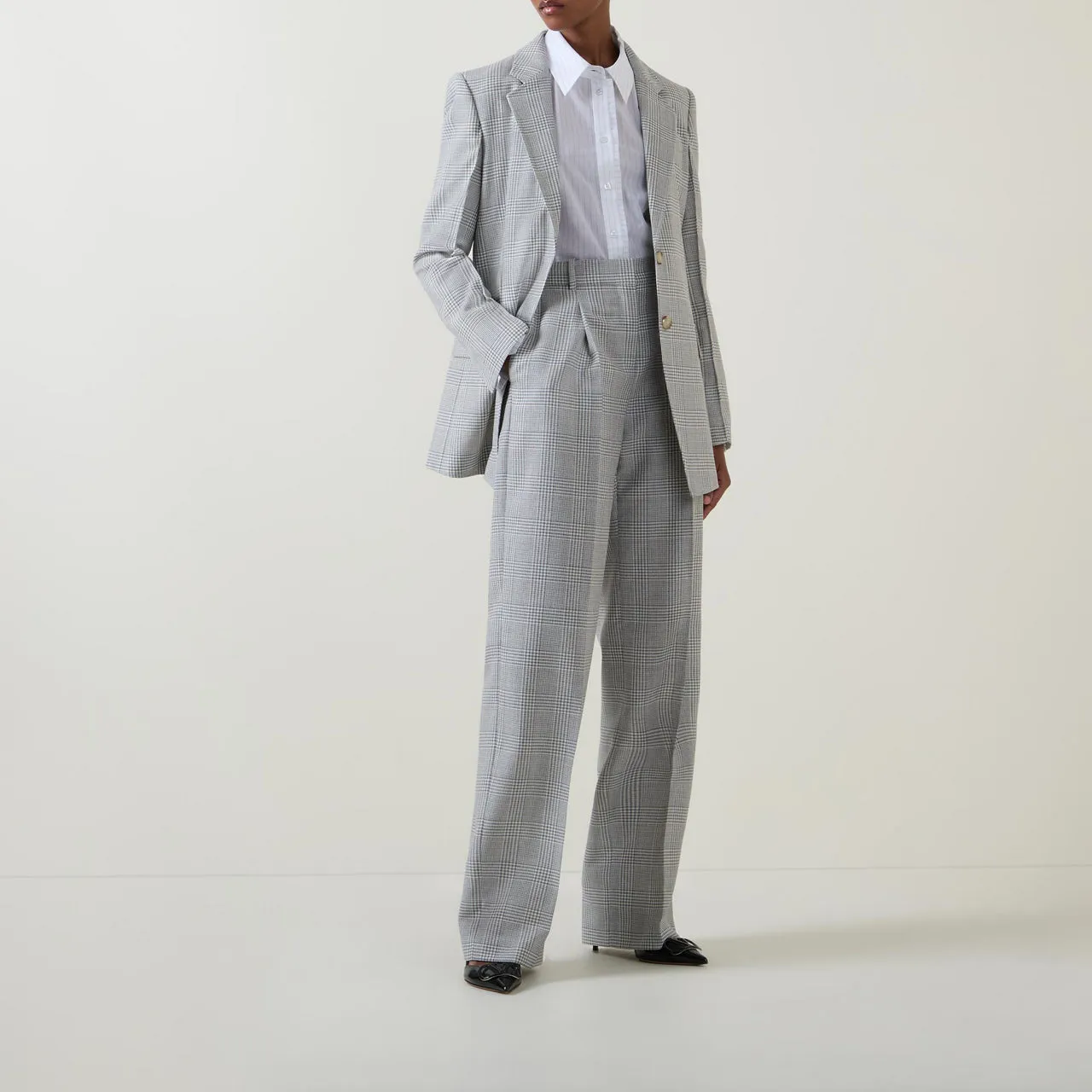 BOSS Tanity High-Rise Check Straight Leg Trousers - Grey