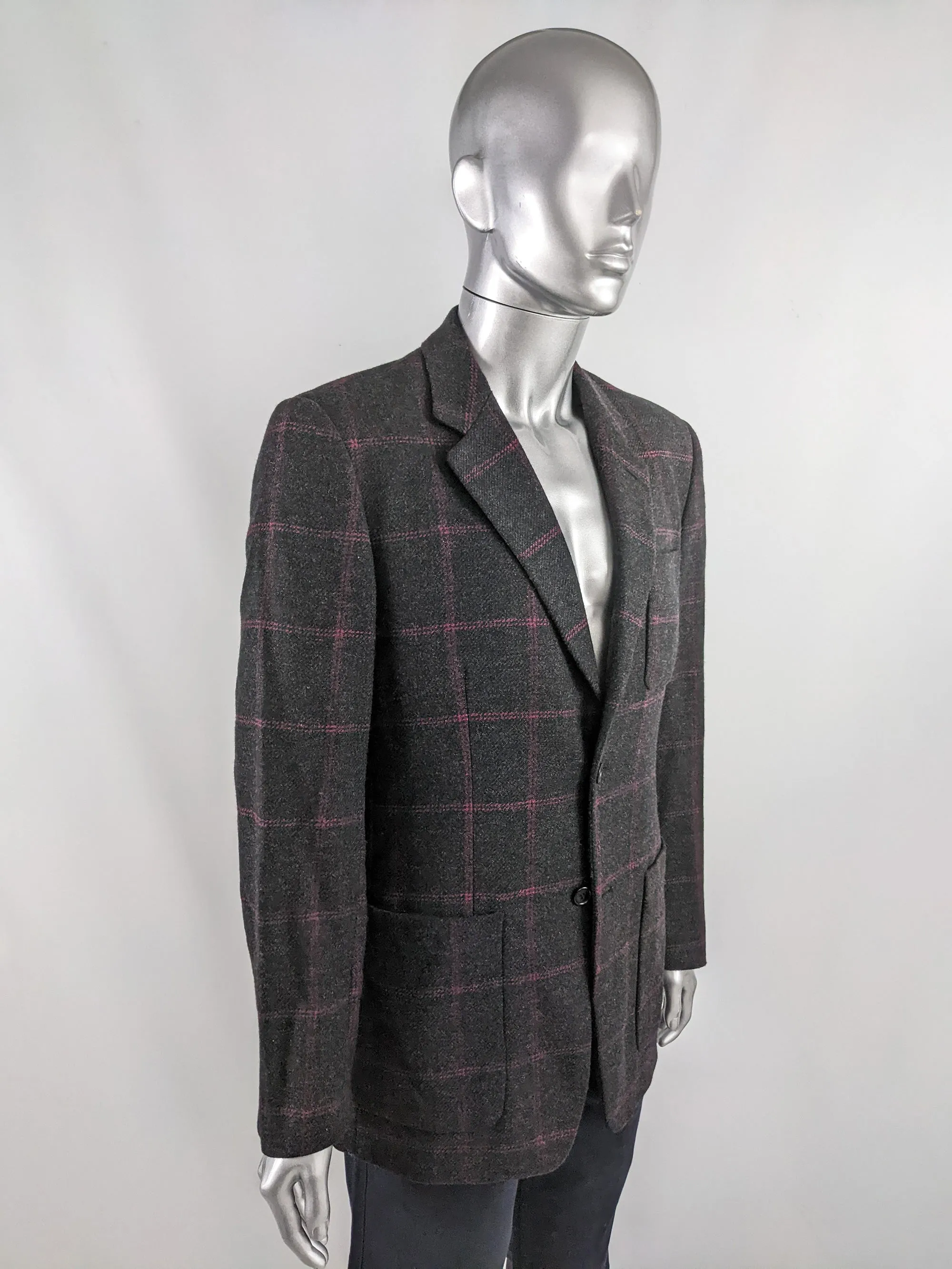 Byblos Vintage Mens Grey & Pink Windowpane Check Blazer, 1990s