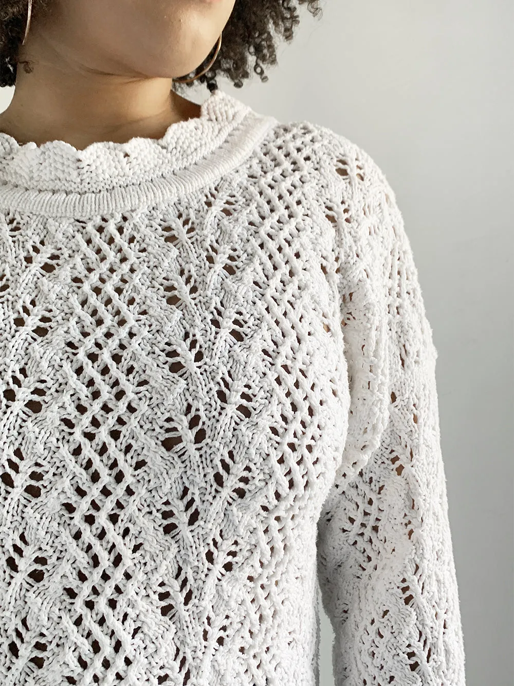 CF White Open Knit Boat Neck Sweater