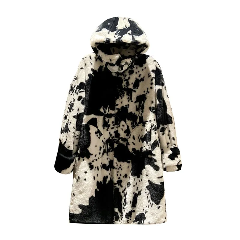 COW PRINT LONG PARKA JACKET