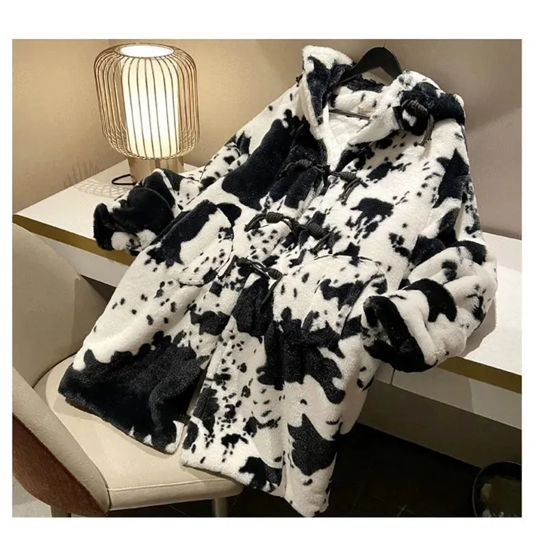 COW PRINT LONG PARKA JACKET