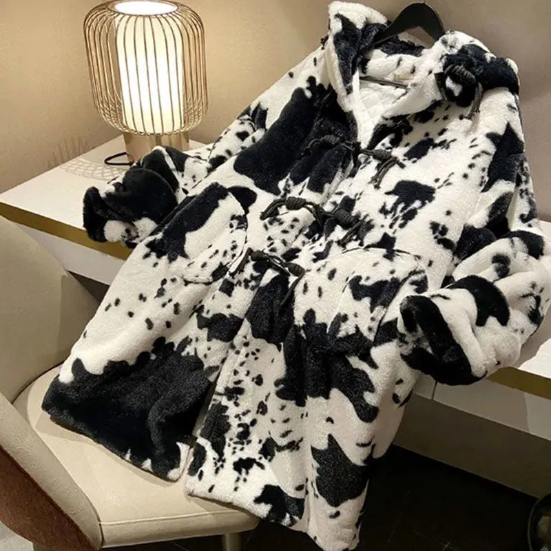 COW PRINT LONG PARKA JACKET