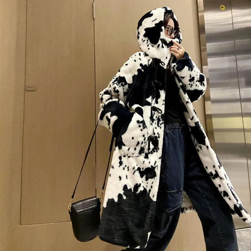 COW PRINT LONG PARKA JACKET