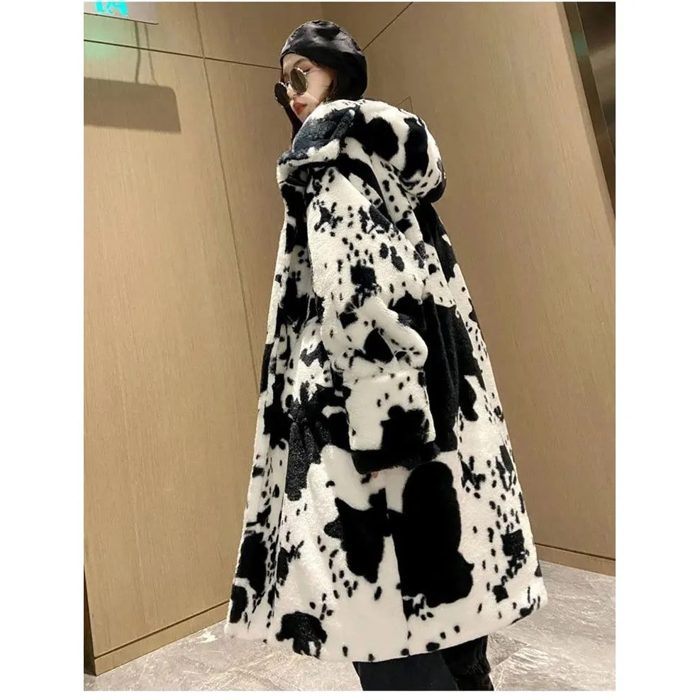 COW PRINT LONG PARKA JACKET