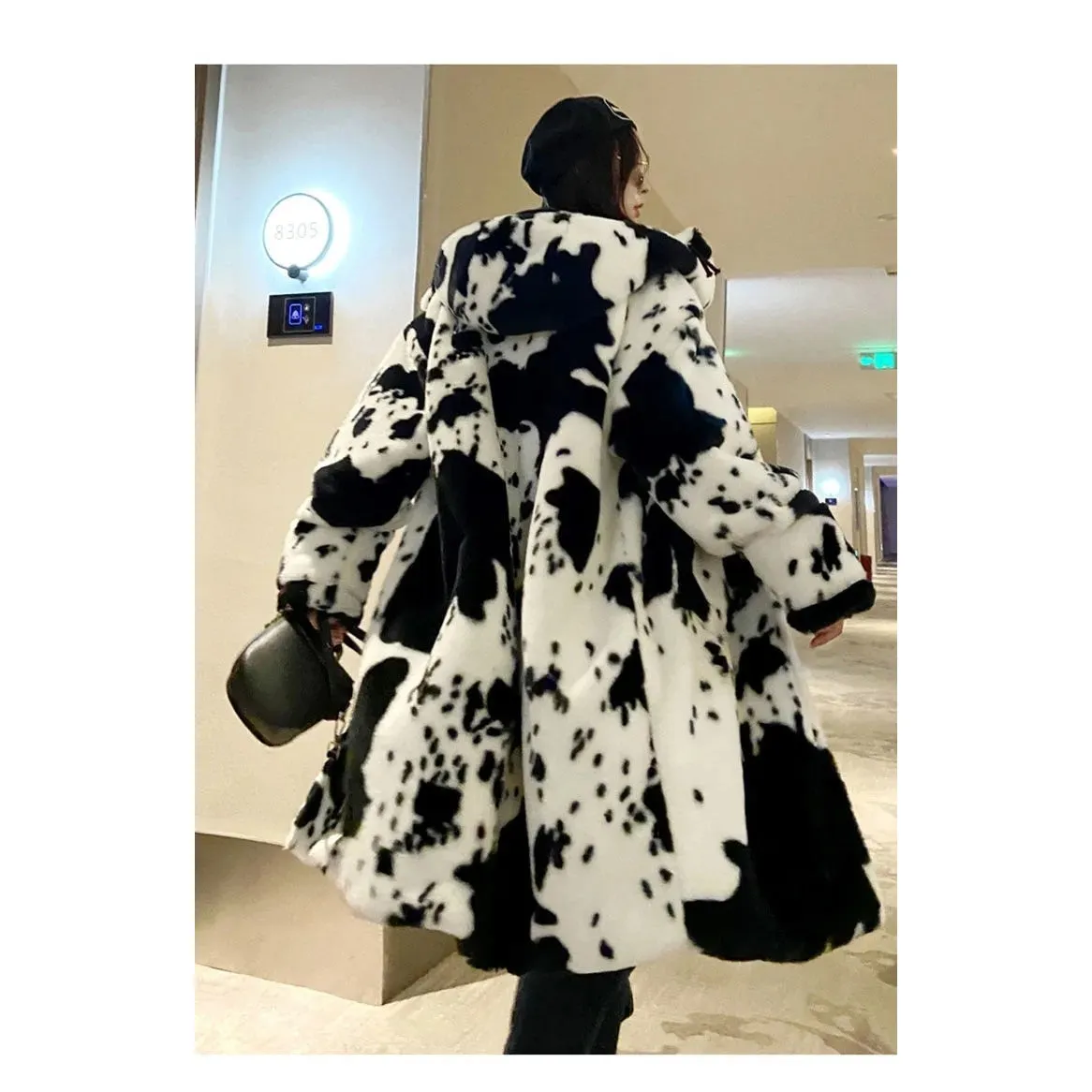 COW PRINT LONG PARKA JACKET