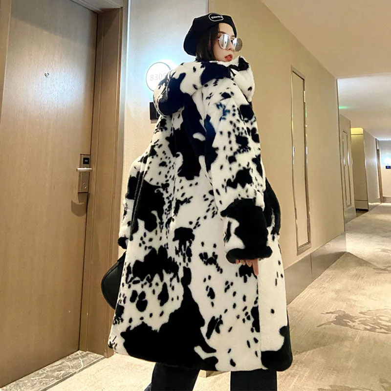 COW PRINT LONG PARKA JACKET