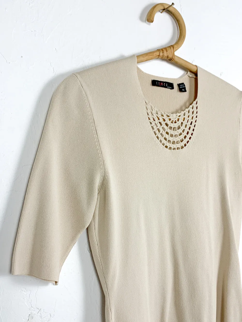 CyrusP Cream Ribbed Sweater With Crochet Neckline