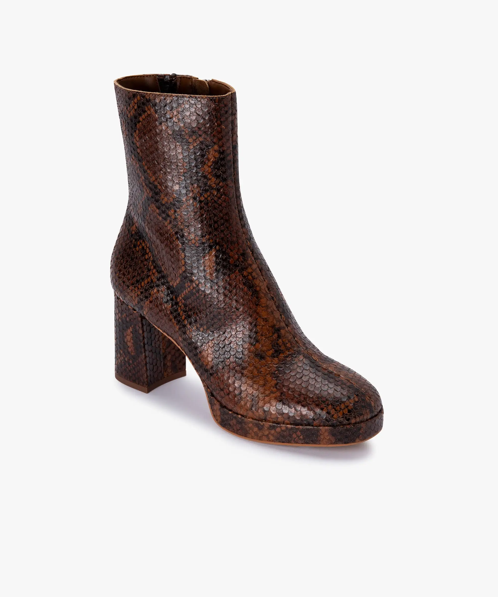 EDEN BOOTIES COGNAC SNAKE PRINT LEATHER - re:vita