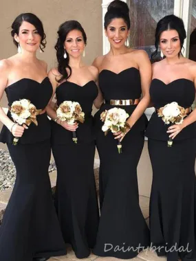 Elegant Black Sweetheart Mermaid Sleeveless Soft Satin Long Bridesmaid Dress with Belt customized, BG216