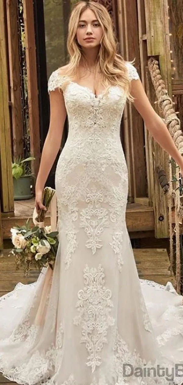 Elegant Lace Sexy V-Neck Mermaid Long Wedding Dresses With Train.DB10097