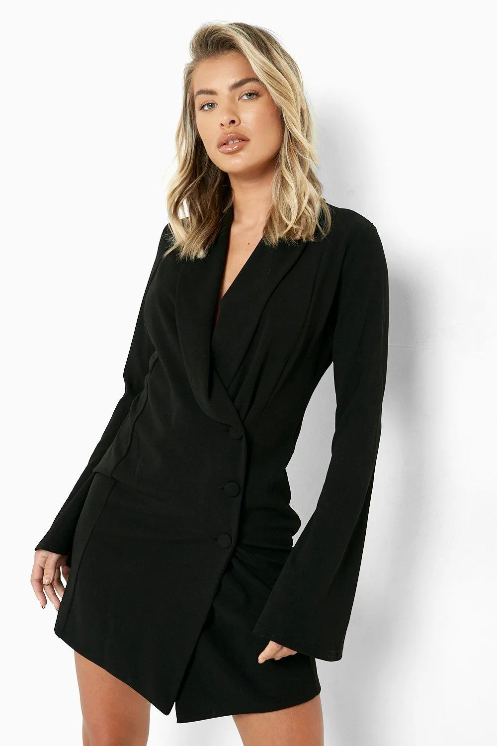 Flared Sleeve Wrap Over Blazer Dress