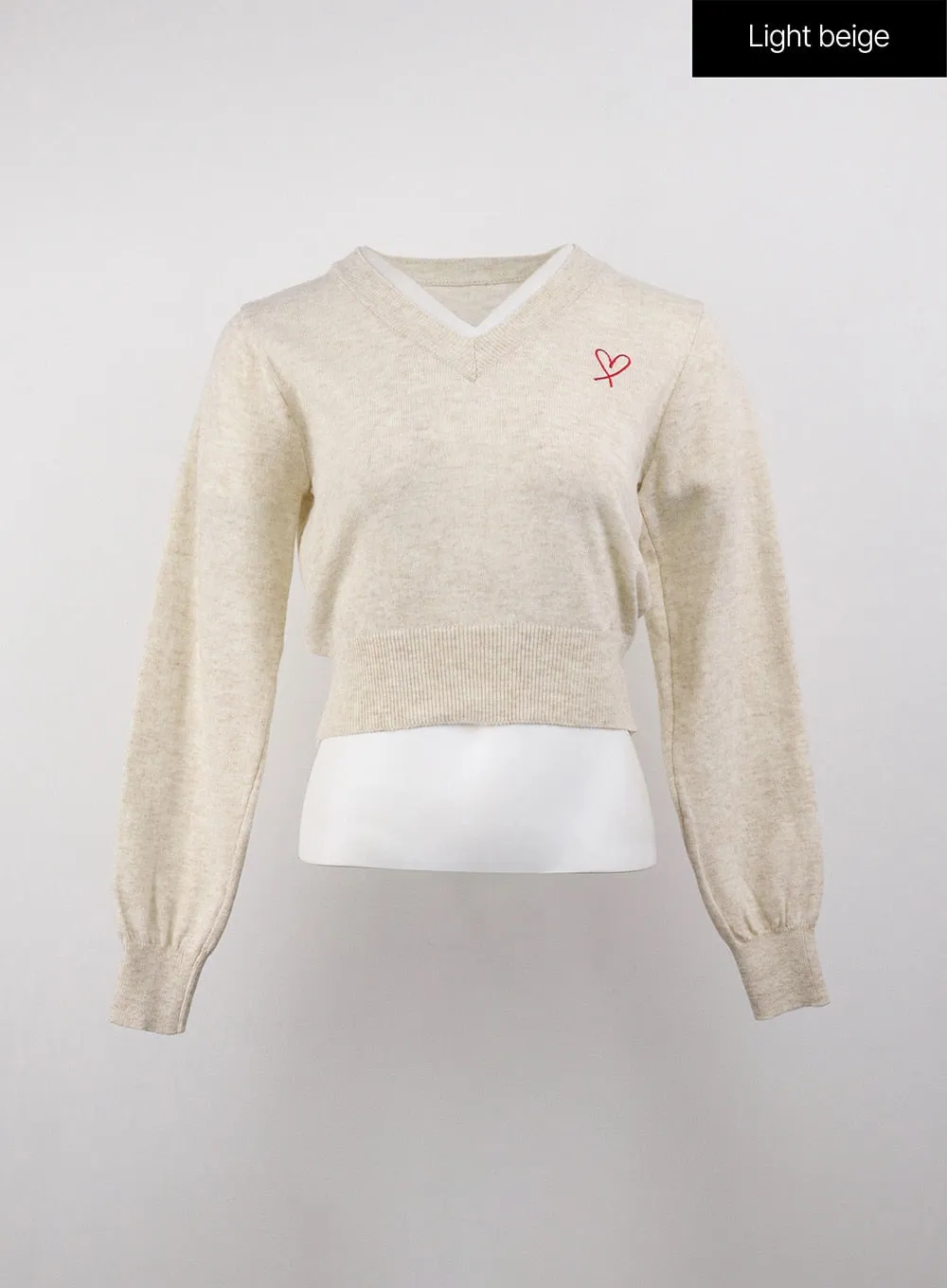 Heart Embroidered V-Neck Crop Sweater OJ416