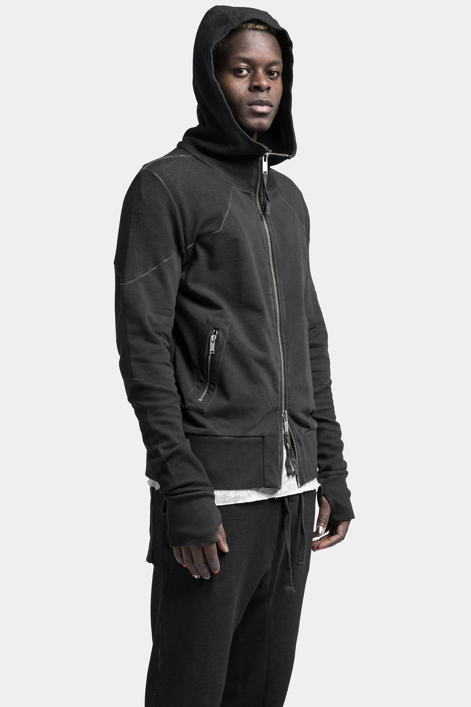 Hooded zip up contrast sweater, Black oil