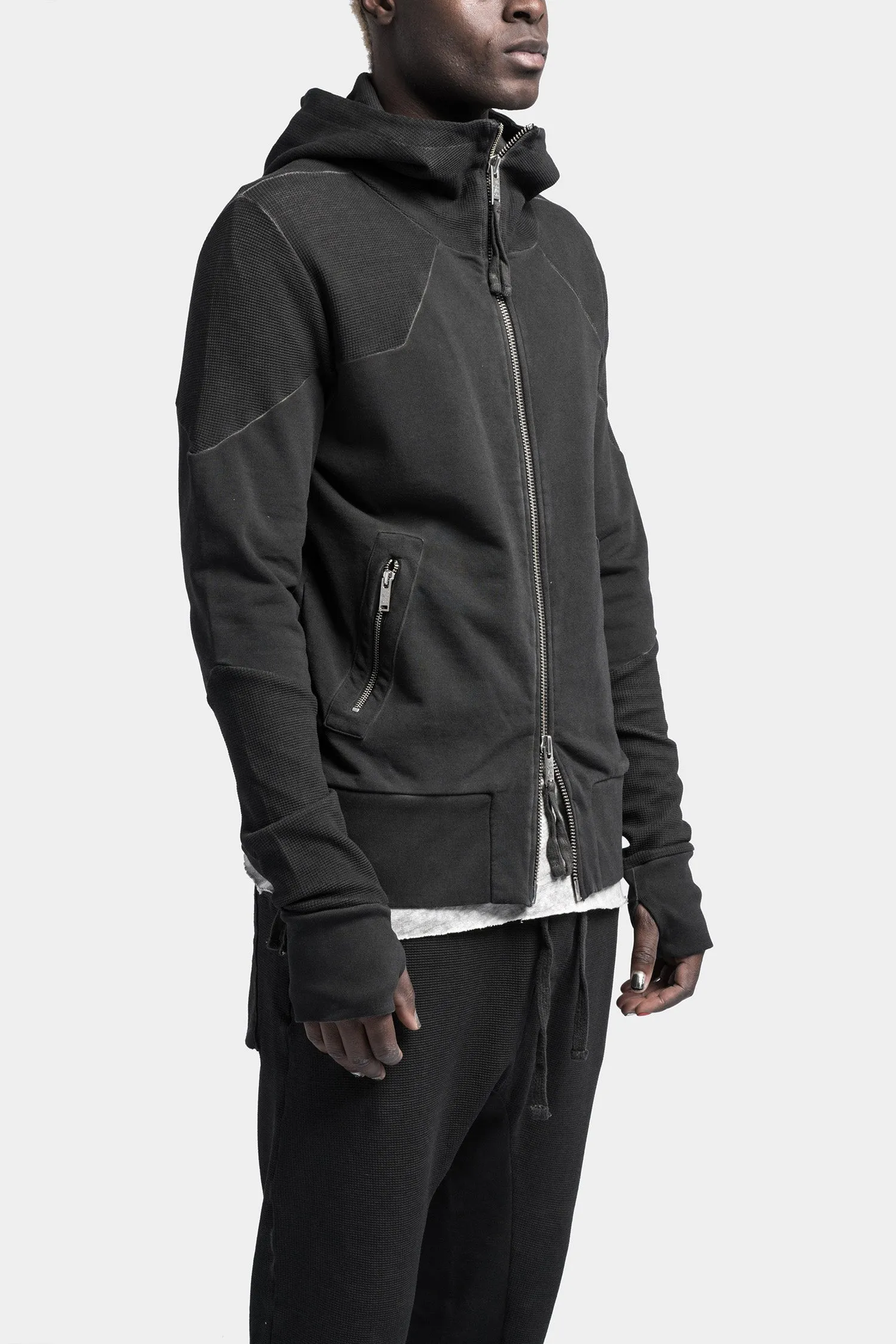 Hooded zip up contrast sweater, Black oil