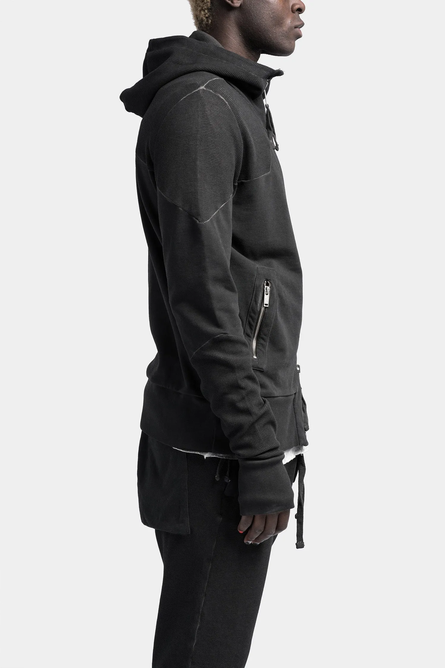 Hooded zip up contrast sweater, Black oil