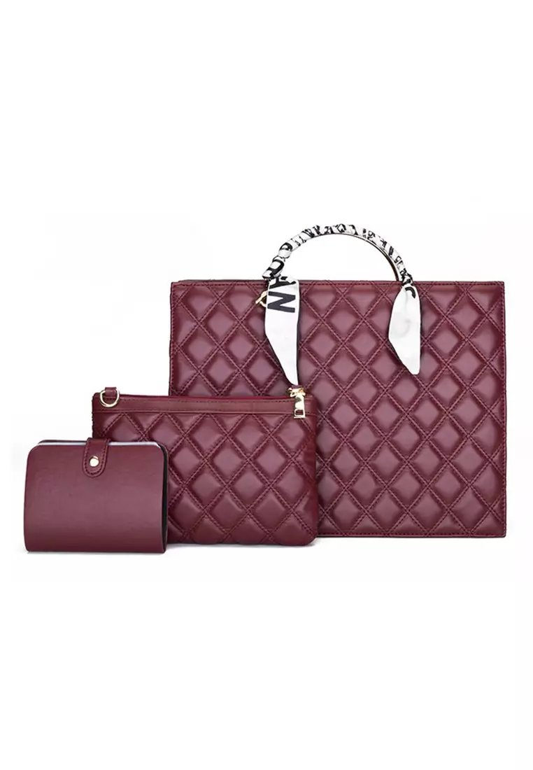 Lara Women's Rhombus Pattern Tote Bag (3-piece Set) - Wine Red