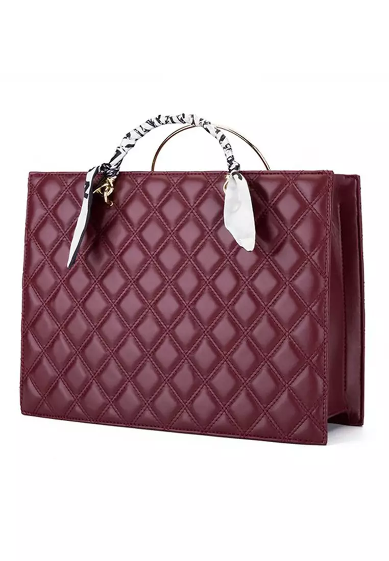 Lara Women's Rhombus Pattern Tote Bag (3-piece Set) - Wine Red