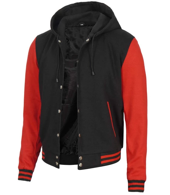 Men's Red and Black Varsity Jacket With Hood - Baseball Style