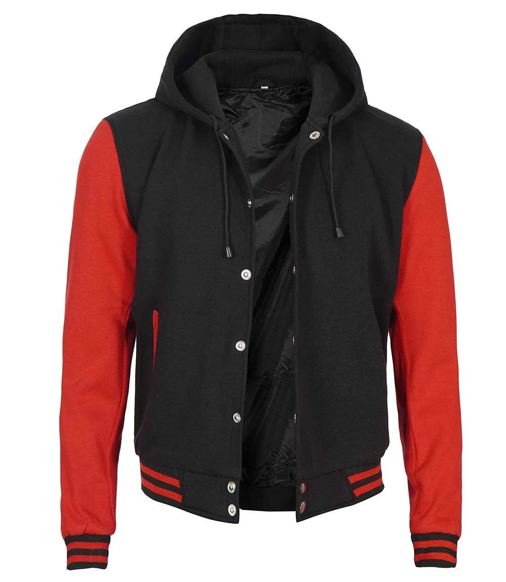 Men's Red and Black Varsity Jacket With Hood - Baseball Style