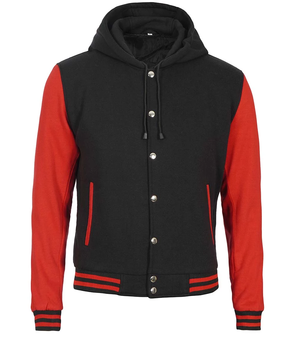 Men's Red and Black Varsity Jacket With Hood - Baseball Style