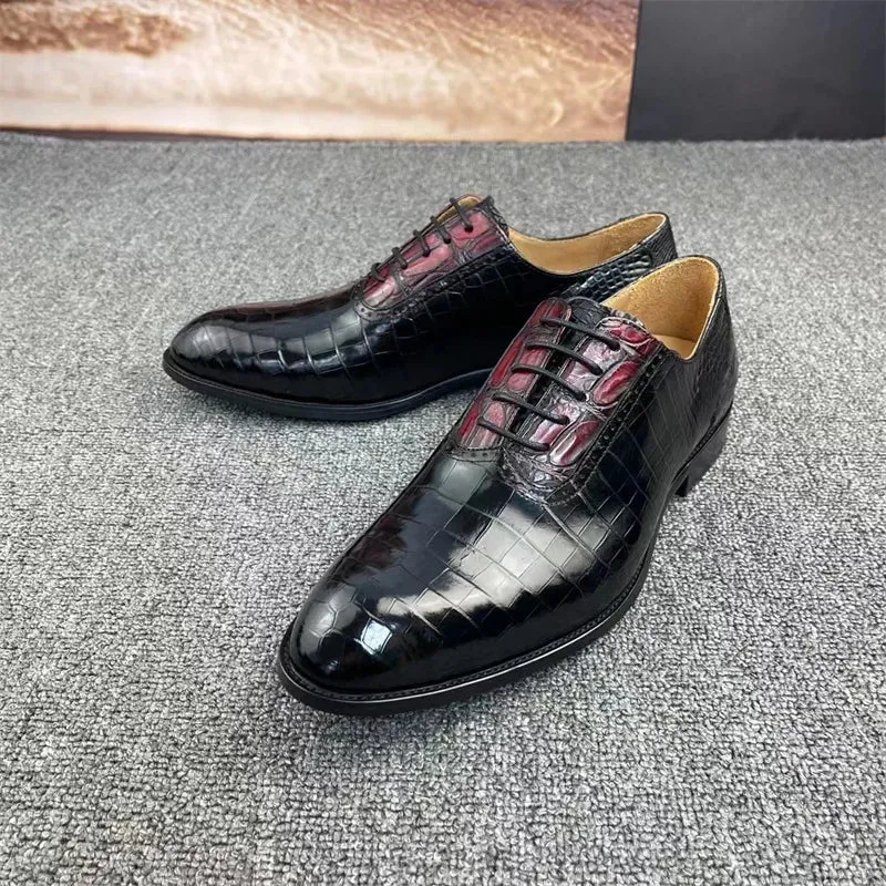 Men's Crocodile Skin Leather Lace-up Square Toe Formal Dress Shoes