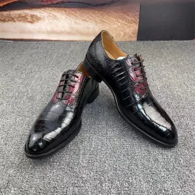 Men's Crocodile Skin Leather Lace-up Square Toe Formal Dress Shoes