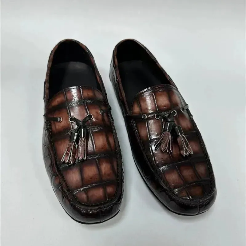 Men's Genuine Crocodile Skin Leather Casual Slip-on Flat Moccasins