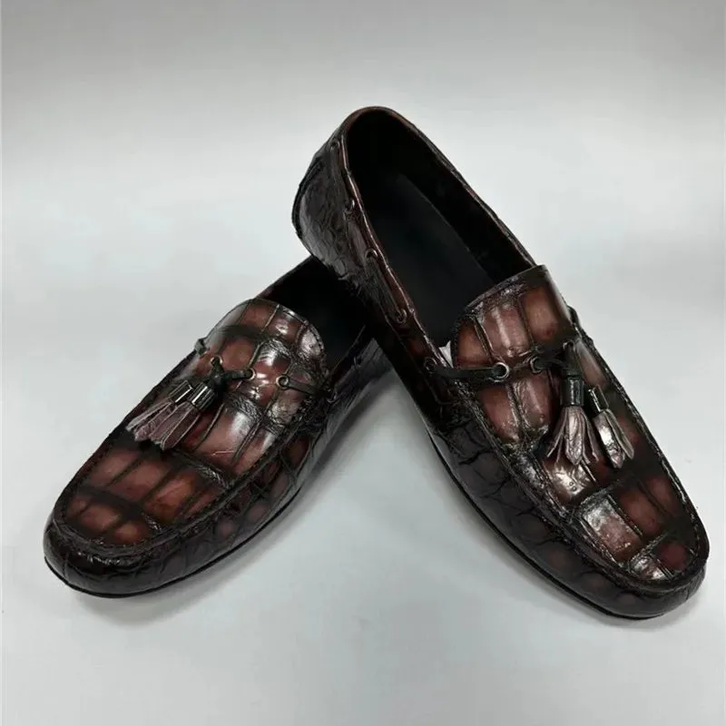 Men's Genuine Crocodile Skin Leather Casual Slip-on Flat Moccasins