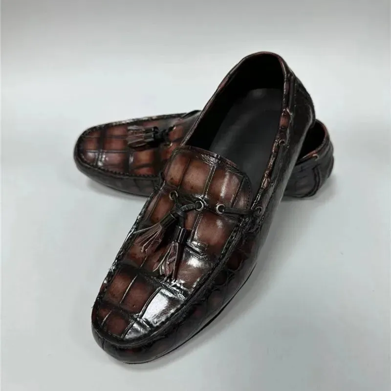 Men's Genuine Crocodile Skin Leather Casual Slip-on Flat Moccasins