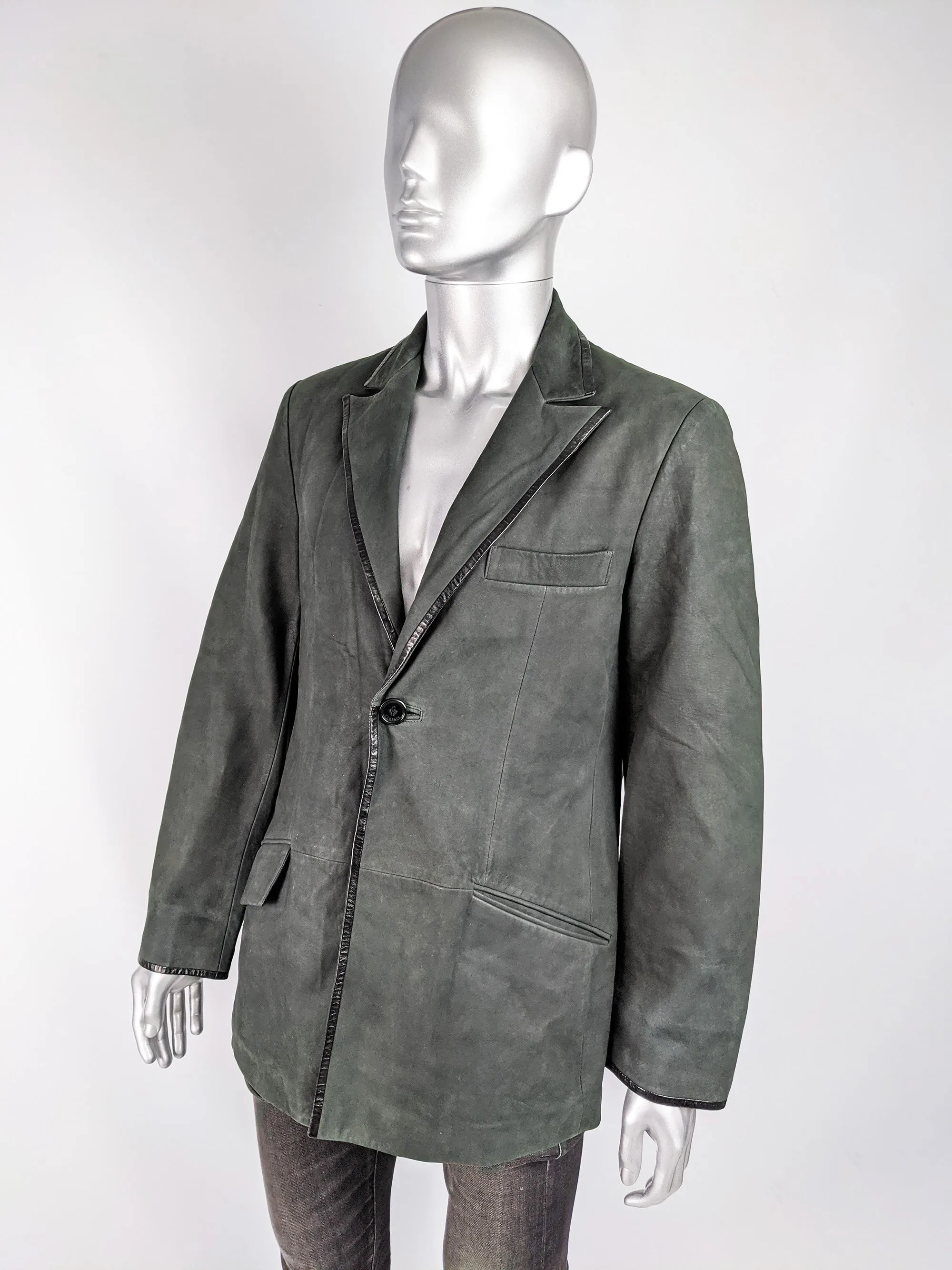 Mens Vintage Dark Green Suede & Leather Blazer, 1990s