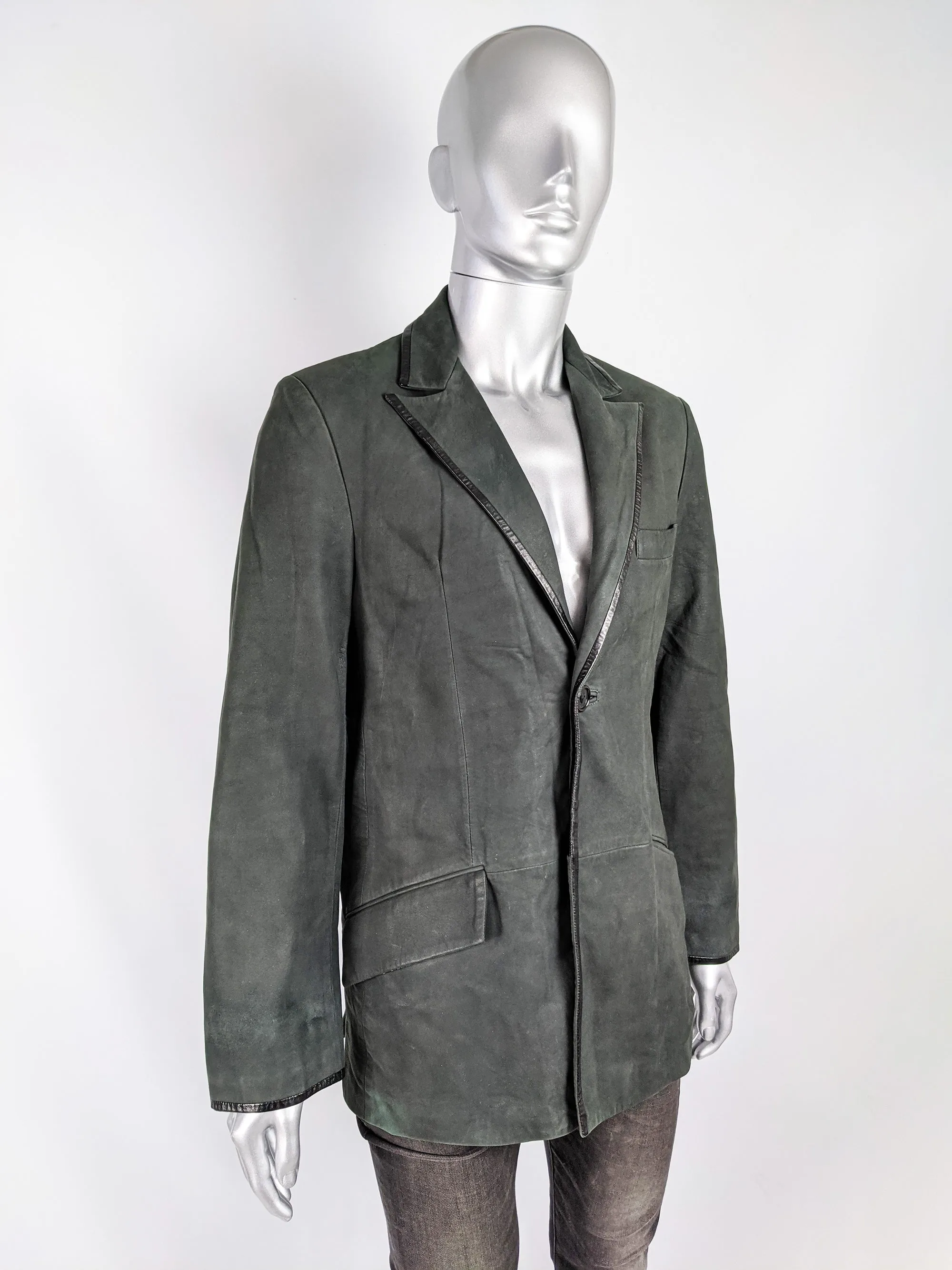 Mens Vintage Dark Green Suede & Leather Blazer, 1990s