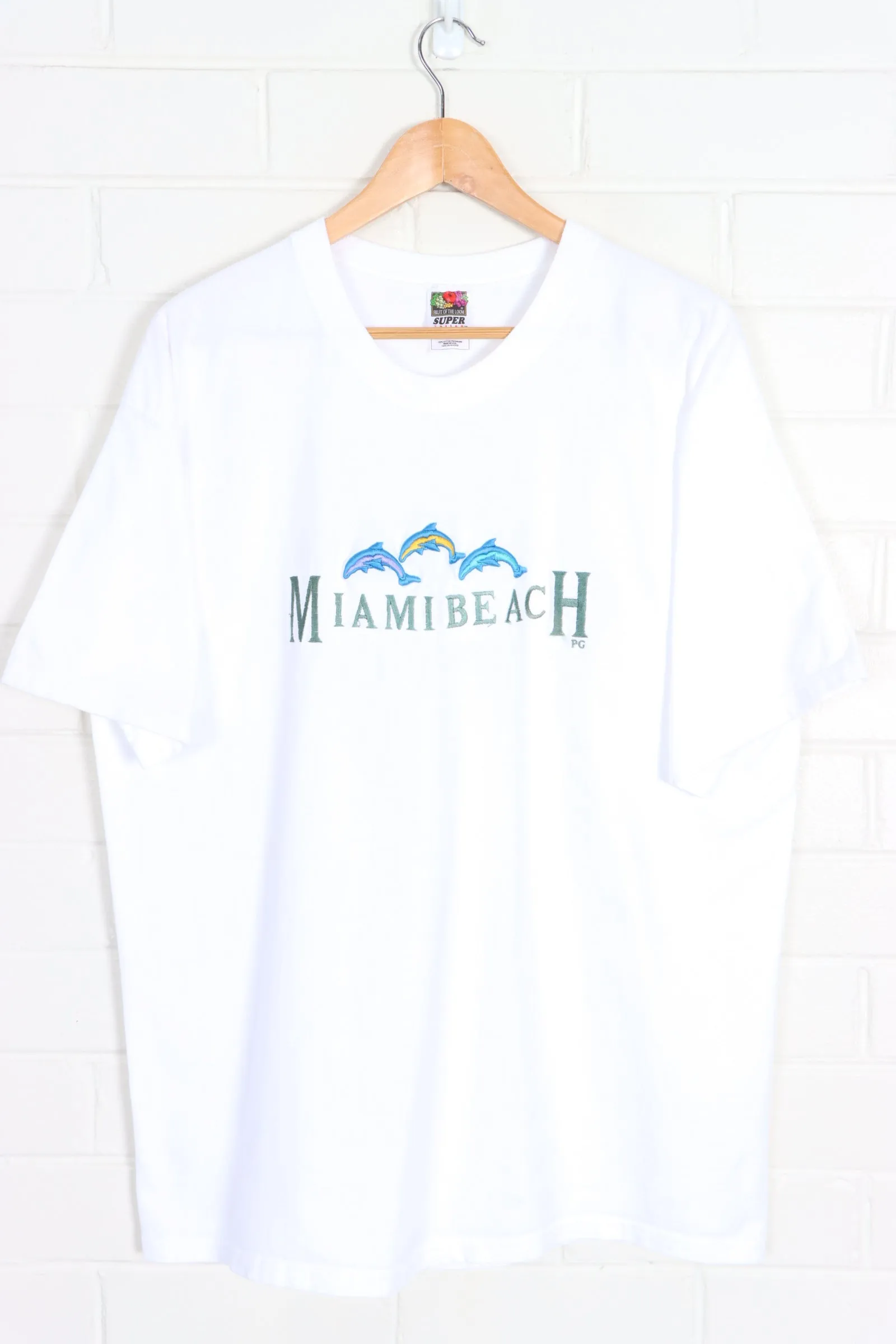 Miami Beach Embroidered Dolphins White Tee USA Made (XL)