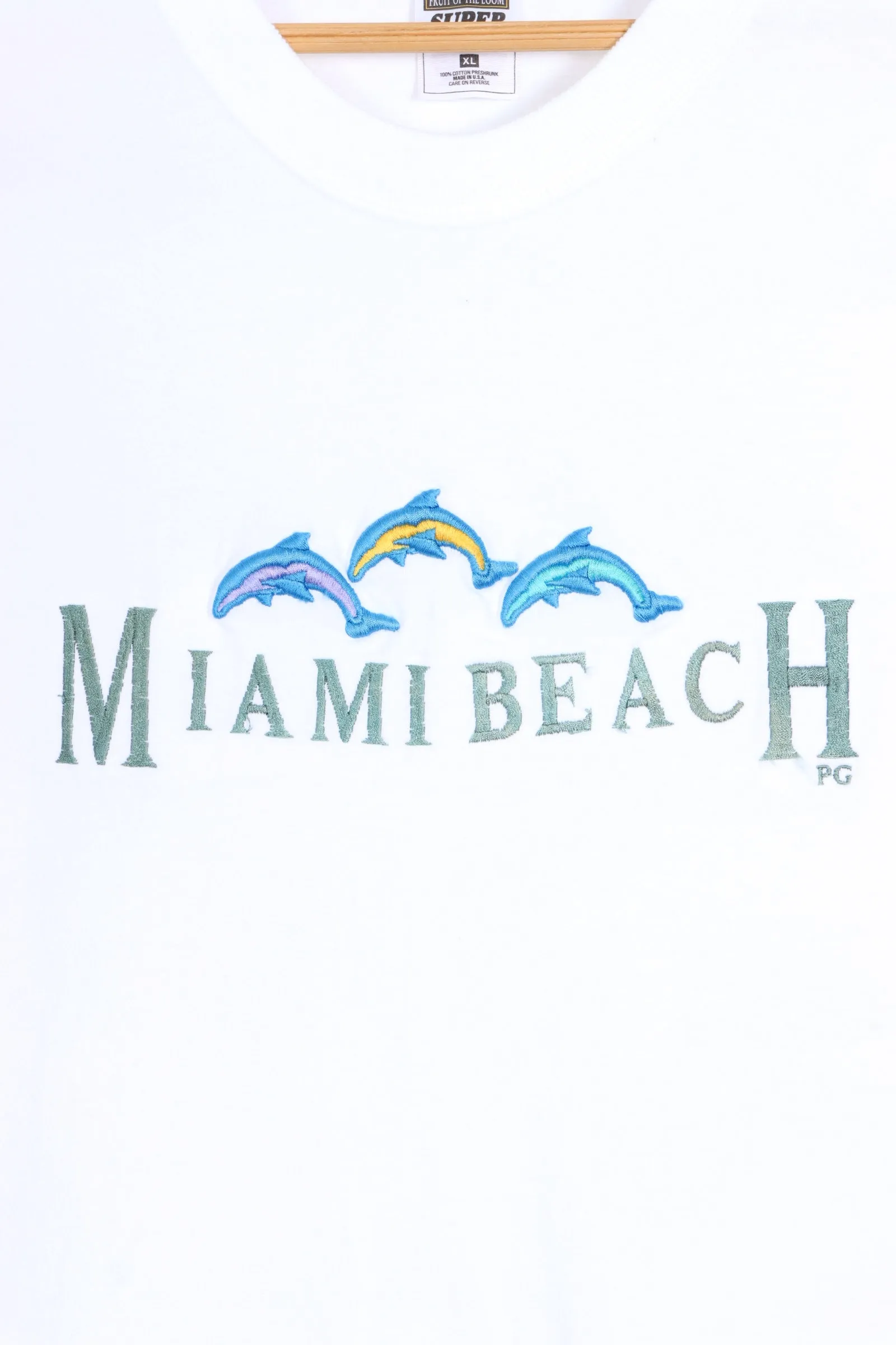 Miami Beach Embroidered Dolphins White Tee USA Made (XL)