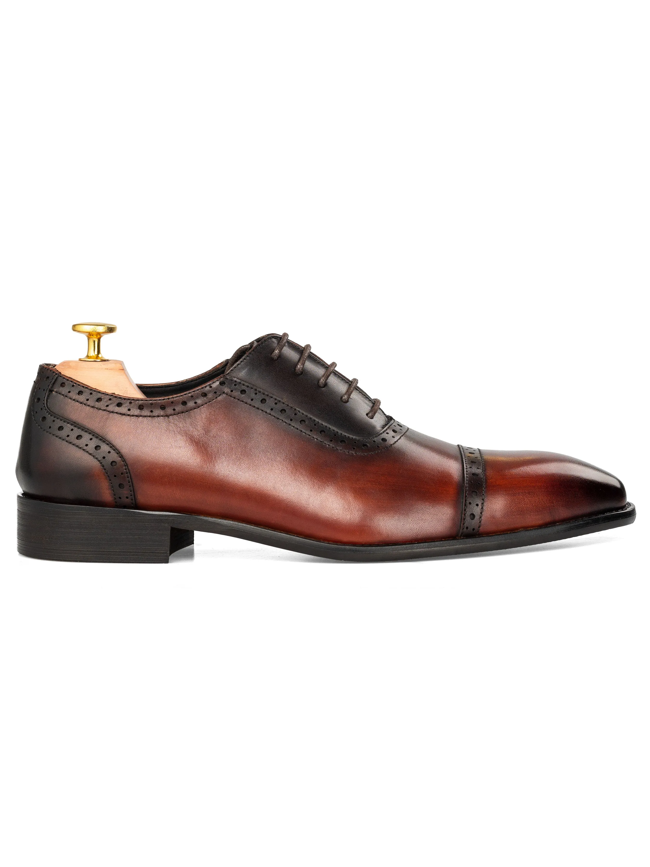 Oxford Cap Toe Adelaide - Duo-Tone Cognac Tan Patina Lace Up (Chisel Toe)