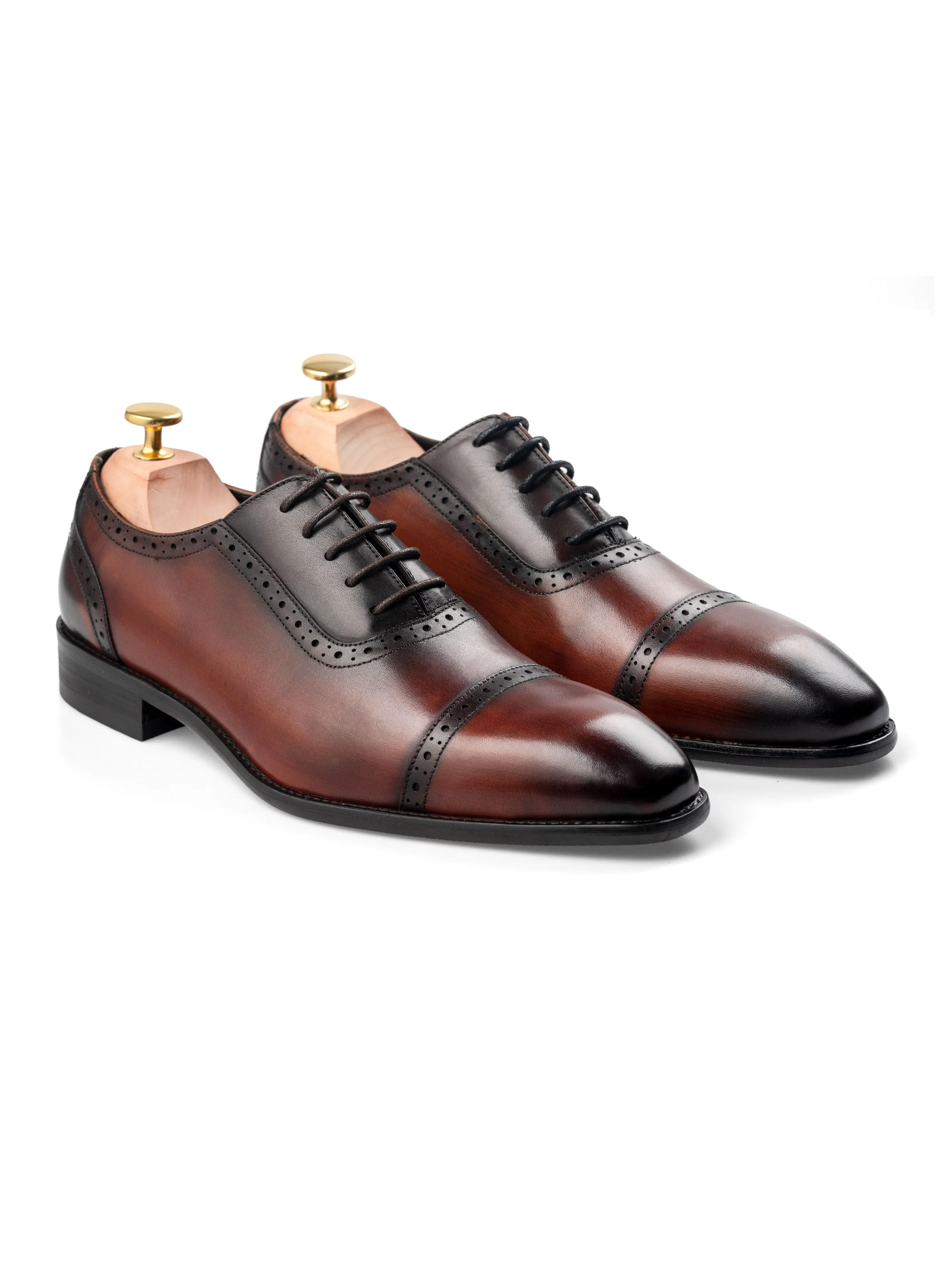 Oxford Cap Toe Adelaide - Duo-Tone Cognac Tan Patina Lace Up (Chisel Toe)