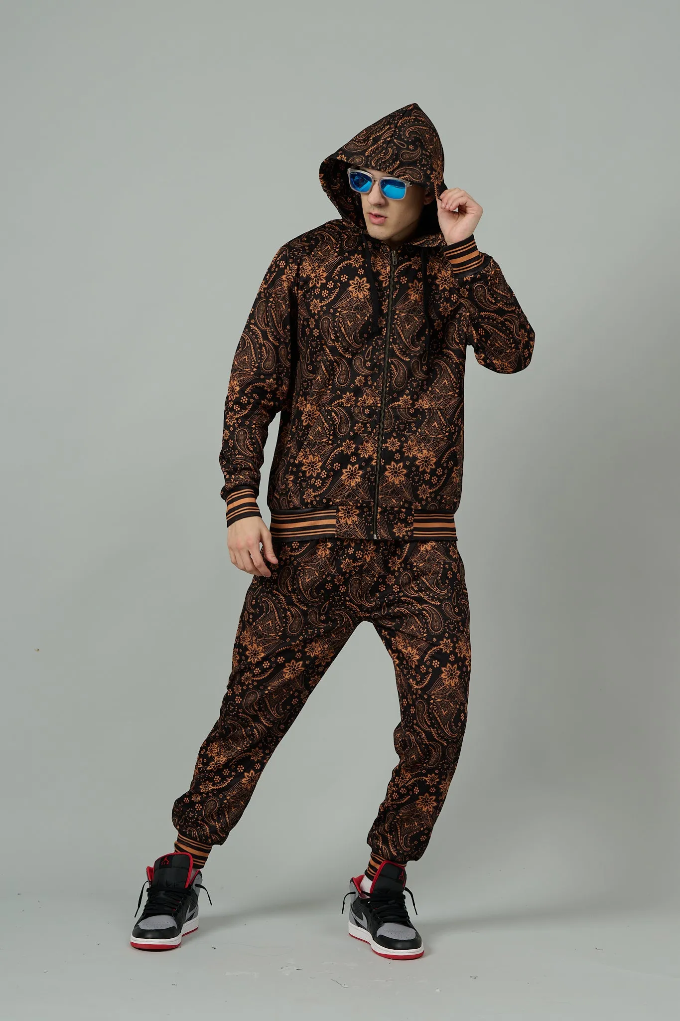 Paisley Design (in Brown) Printed Black Zipper Hoodie for Men