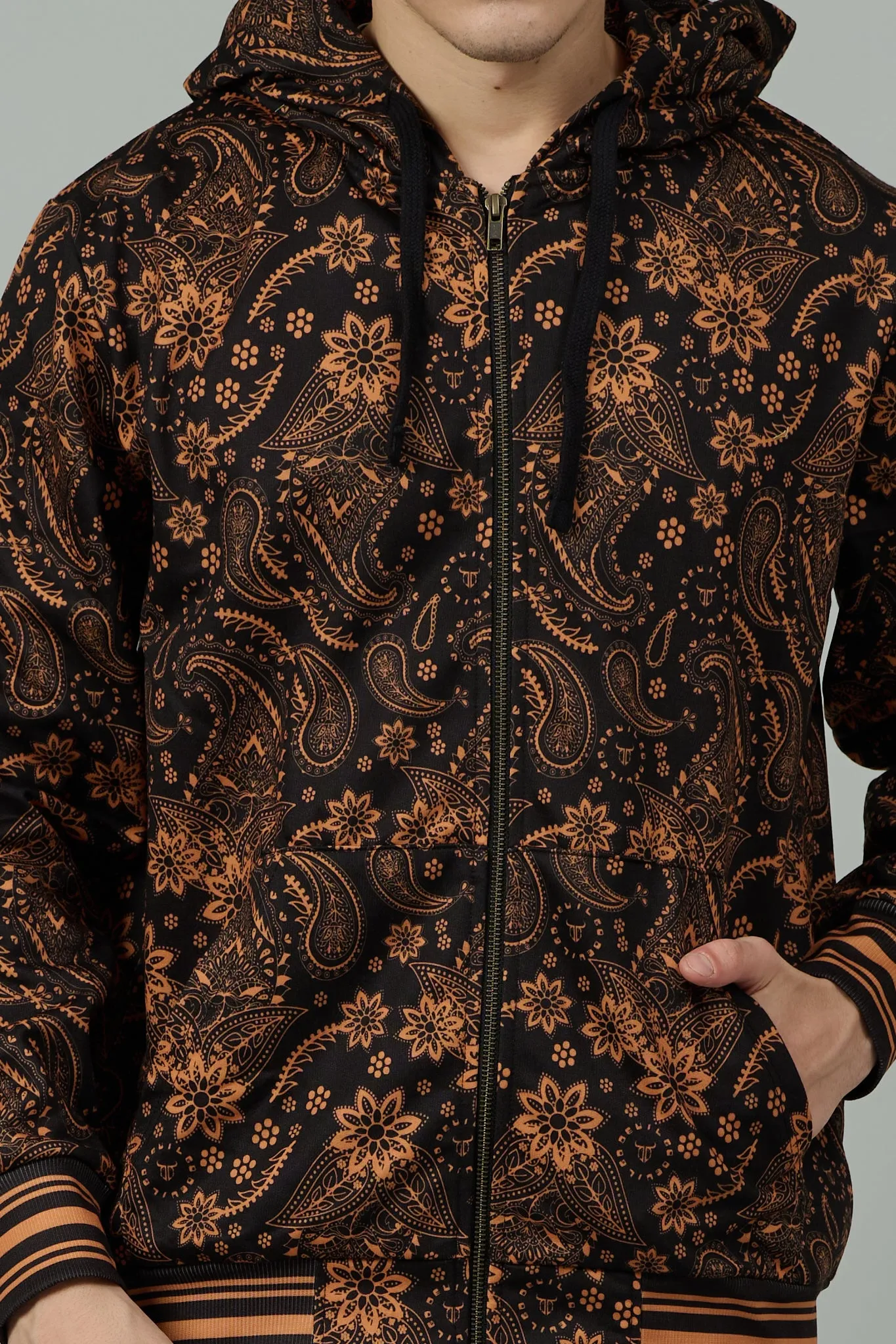 Paisley Design (in Brown) Printed Black Zipper Hoodie for Men