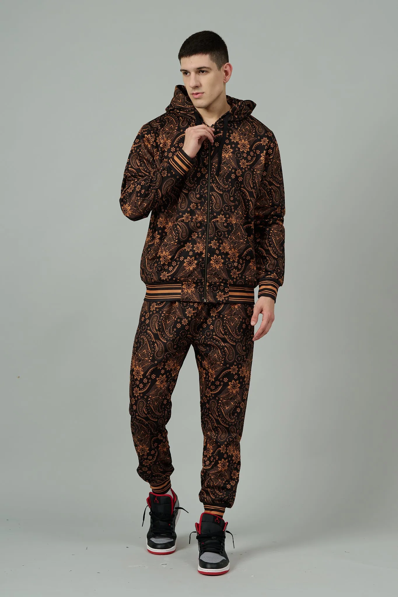 Paisley Design (in Brown) Printed Black Zipper Hoodie for Men