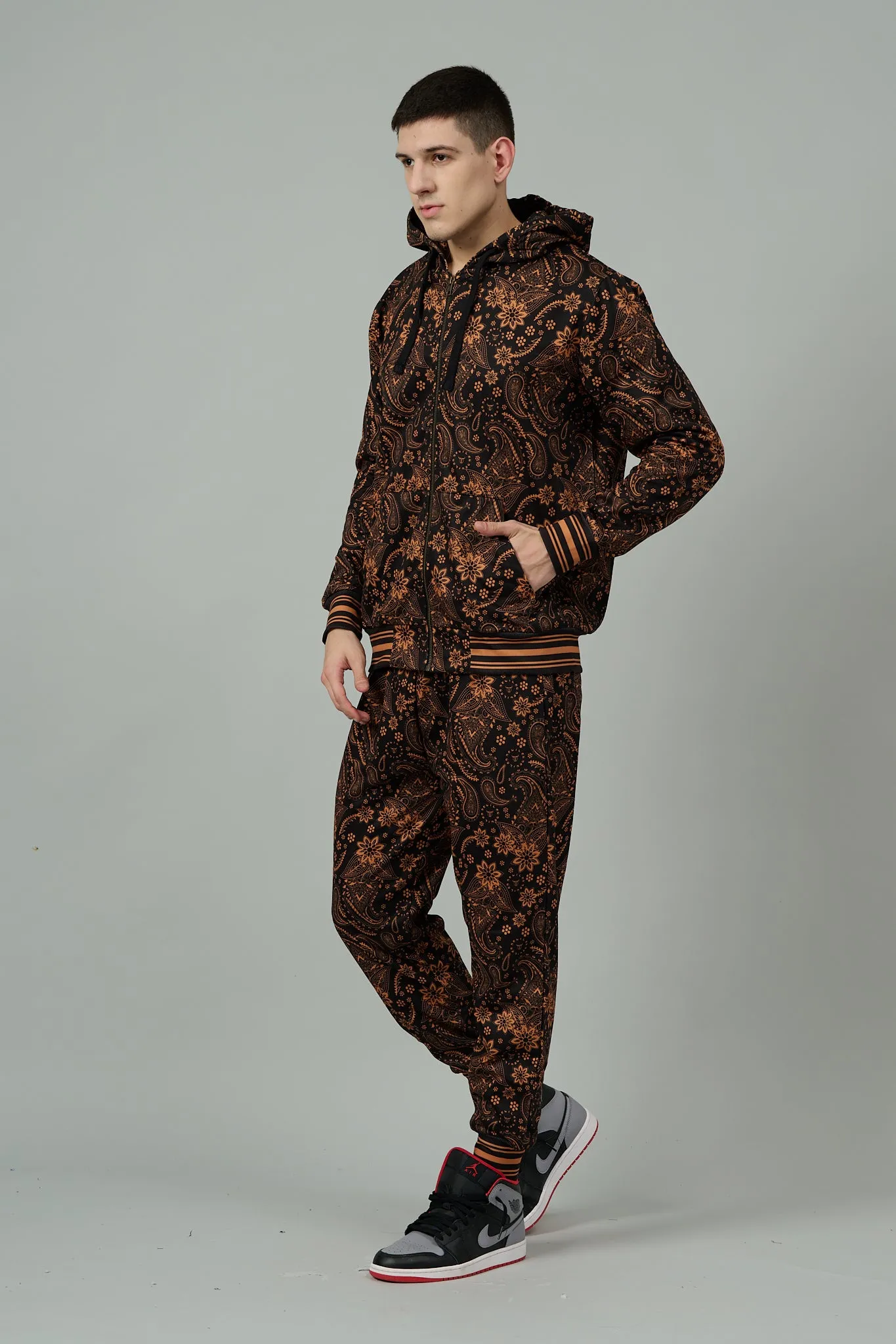 Paisley Design (in Brown) Printed Black Zipper Hoodie for Men