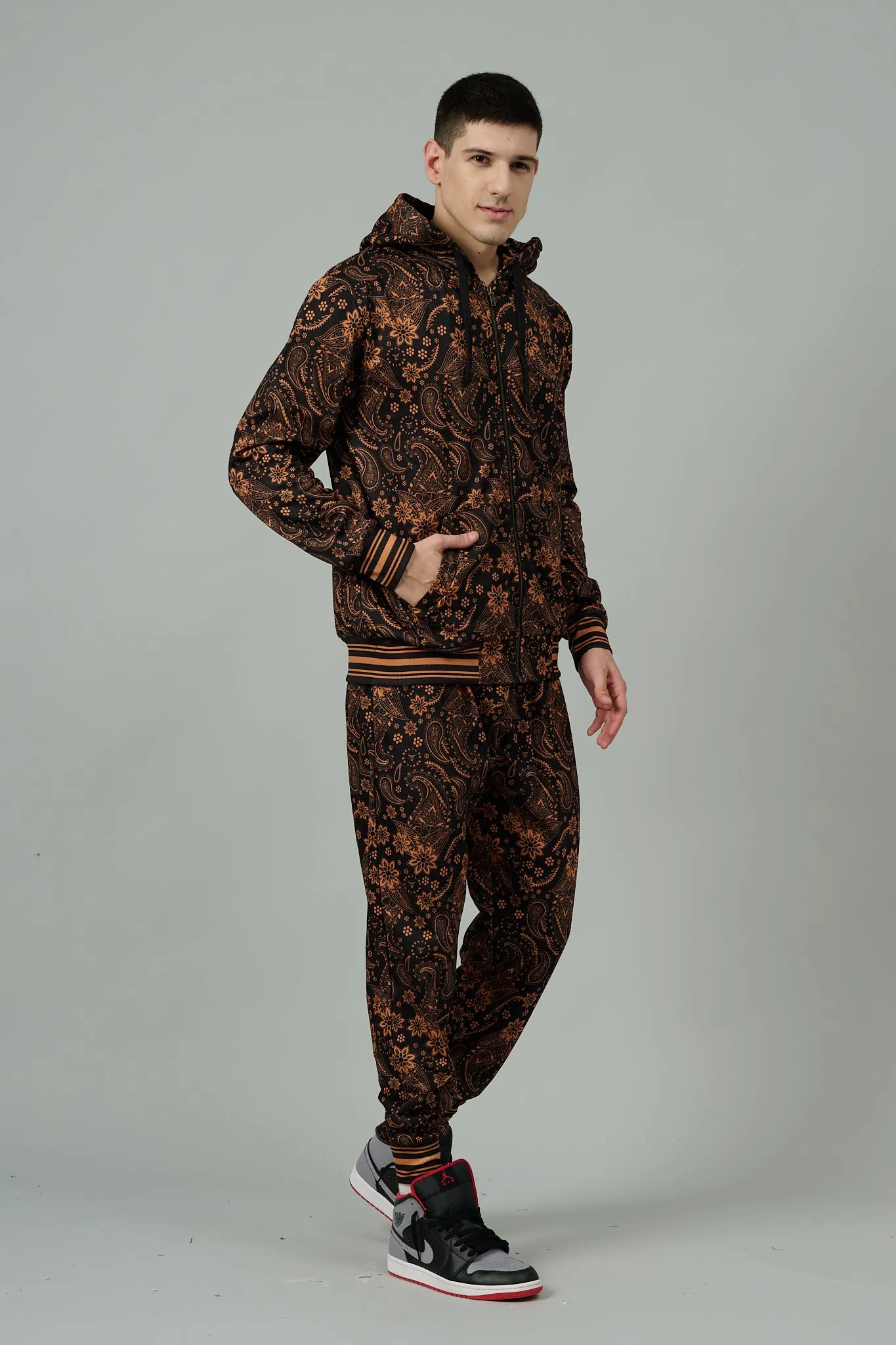 Paisley Design (in Brown) Printed Black Zipper Hoodie for Men