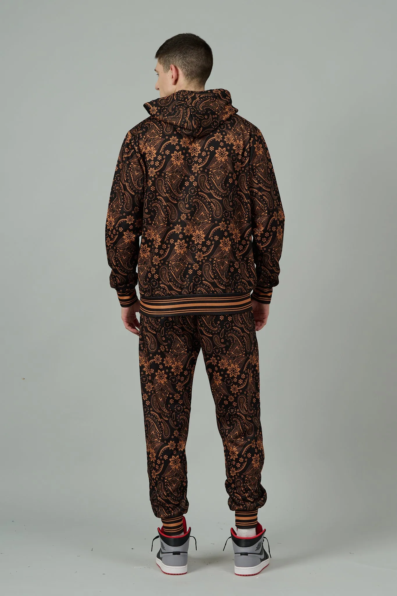 Paisley Design (in Brown) Printed Black Zipper Hoodie for Men