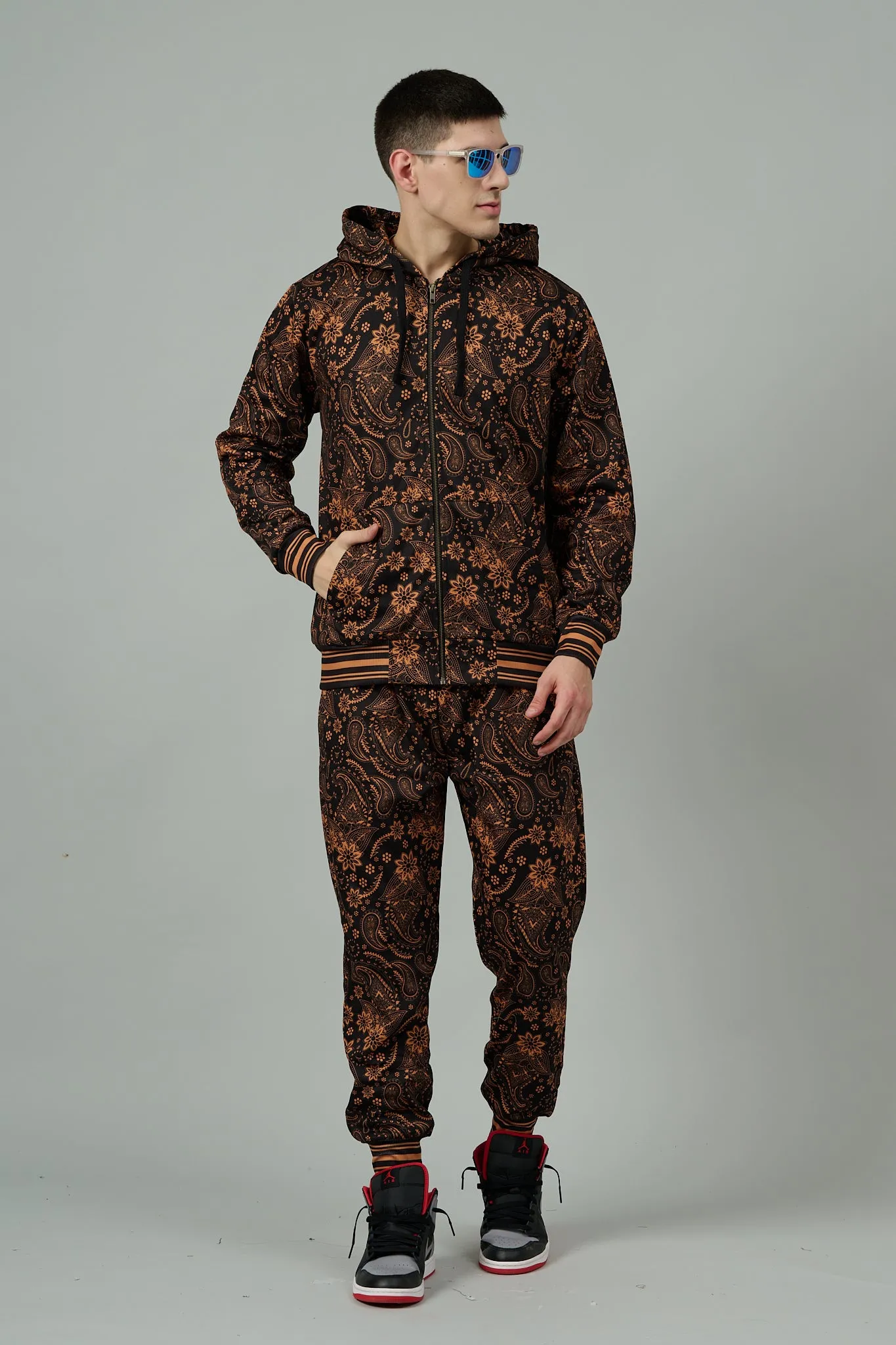 Paisley Design (in Brown) Printed Black Zipper Hoodie for Men