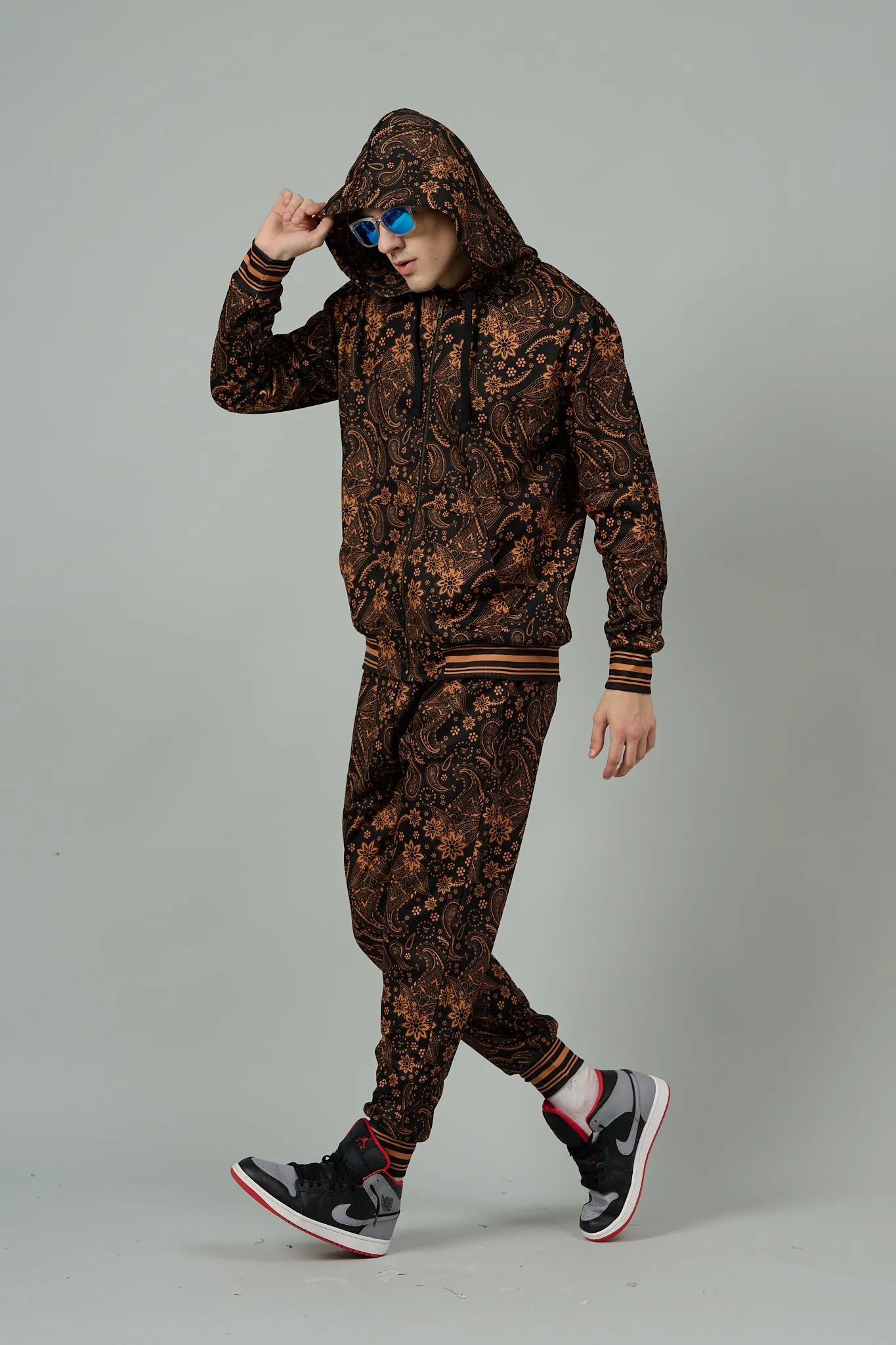 Paisley Design (in Brown) Printed Black Zipper Hoodie for Men