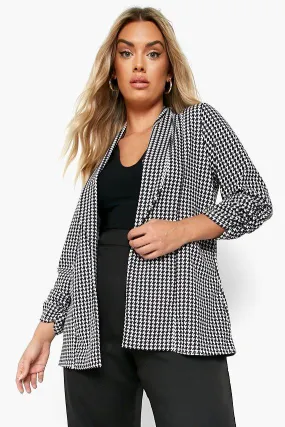 Plus Dogtooth Ruched Sleeve Blazer