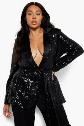 Plus Sequin Tie Belt Blazer